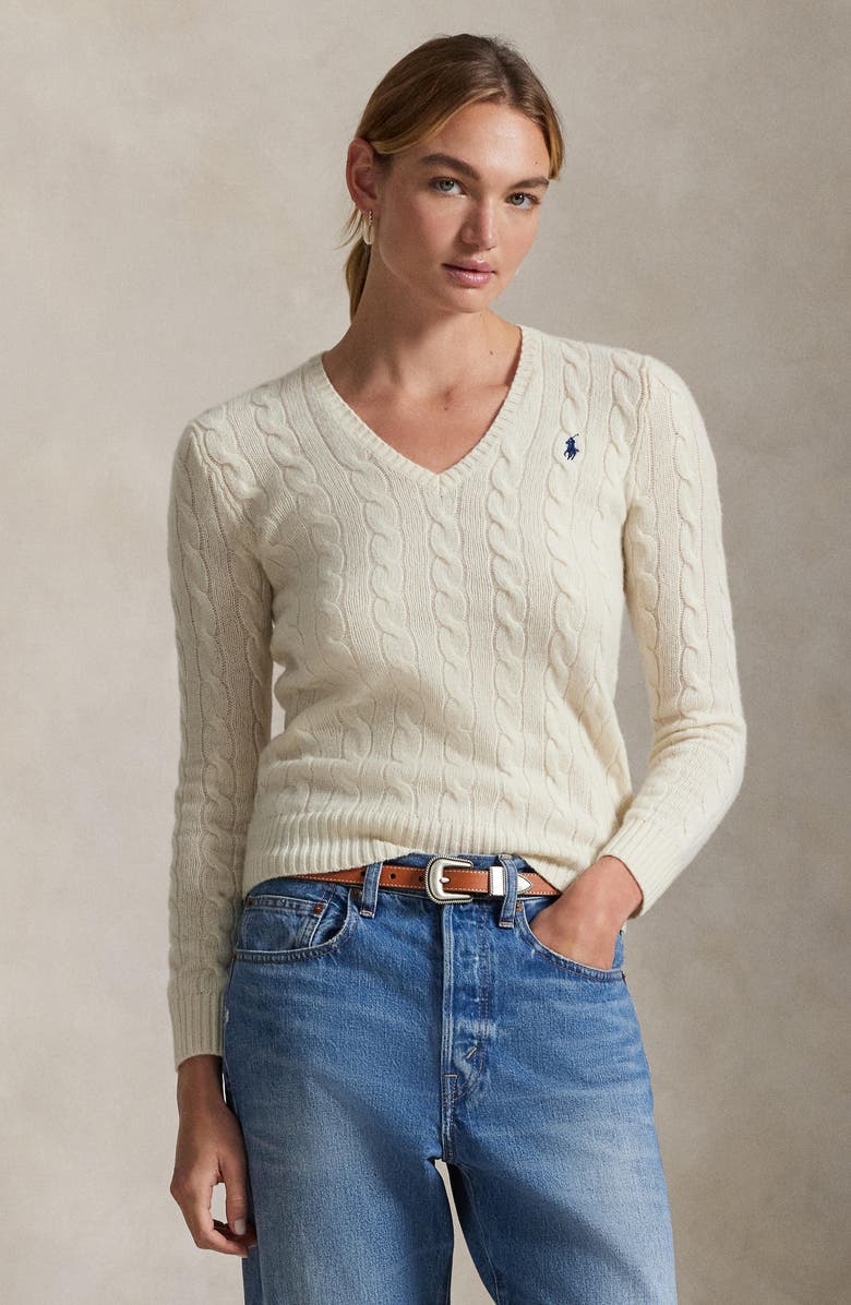 Polo Ralph Lauren Kimberly Cable Wool & Cashmere V-Neck Sweater, Alternate, color, Cream