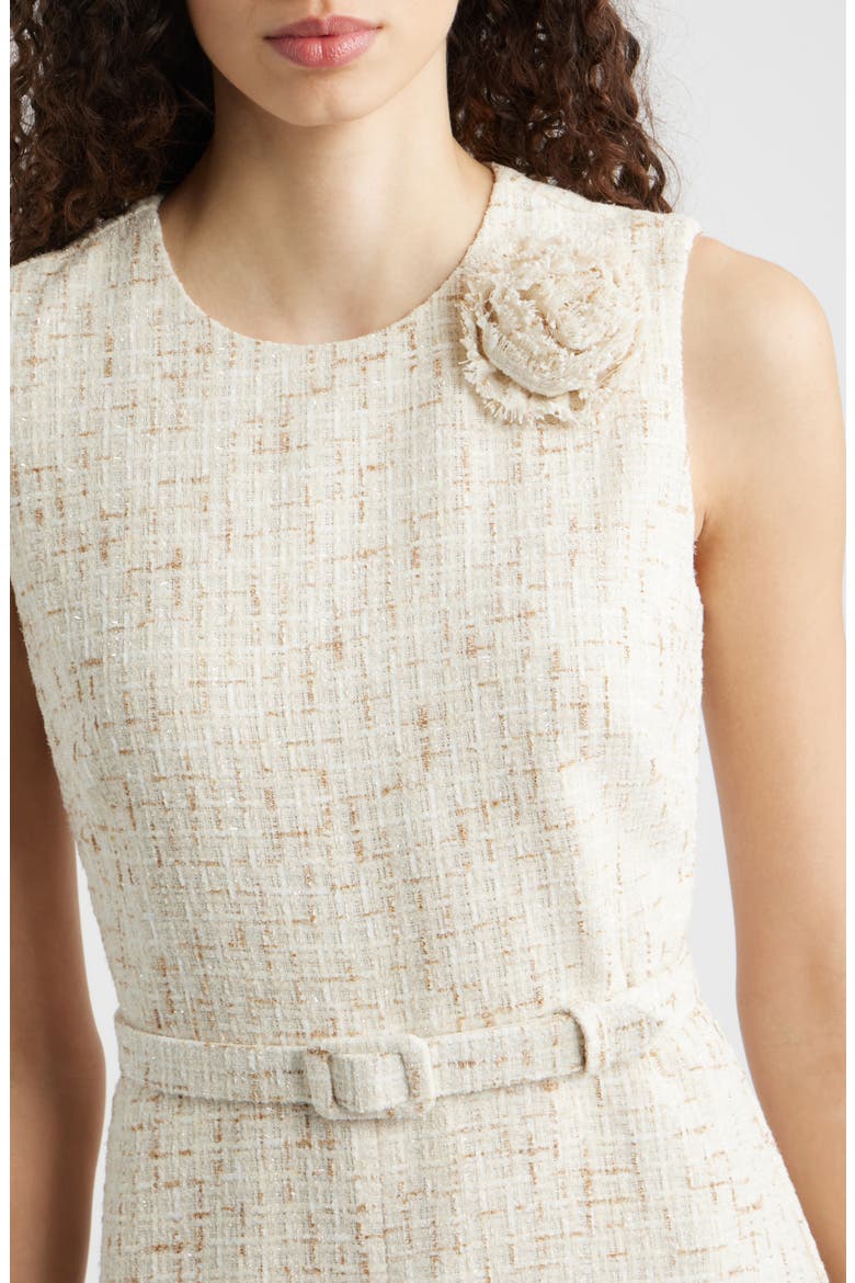 Rosette Belted Tweed Midi Dress, Alternate, color, WHITE DOVE/ LATTE