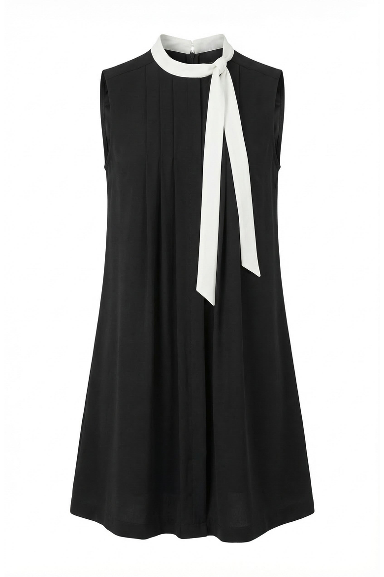 Sleeveless Shift Dress with Contrast Tie Neck and Pleat Detail, Alternate, color, Black / White