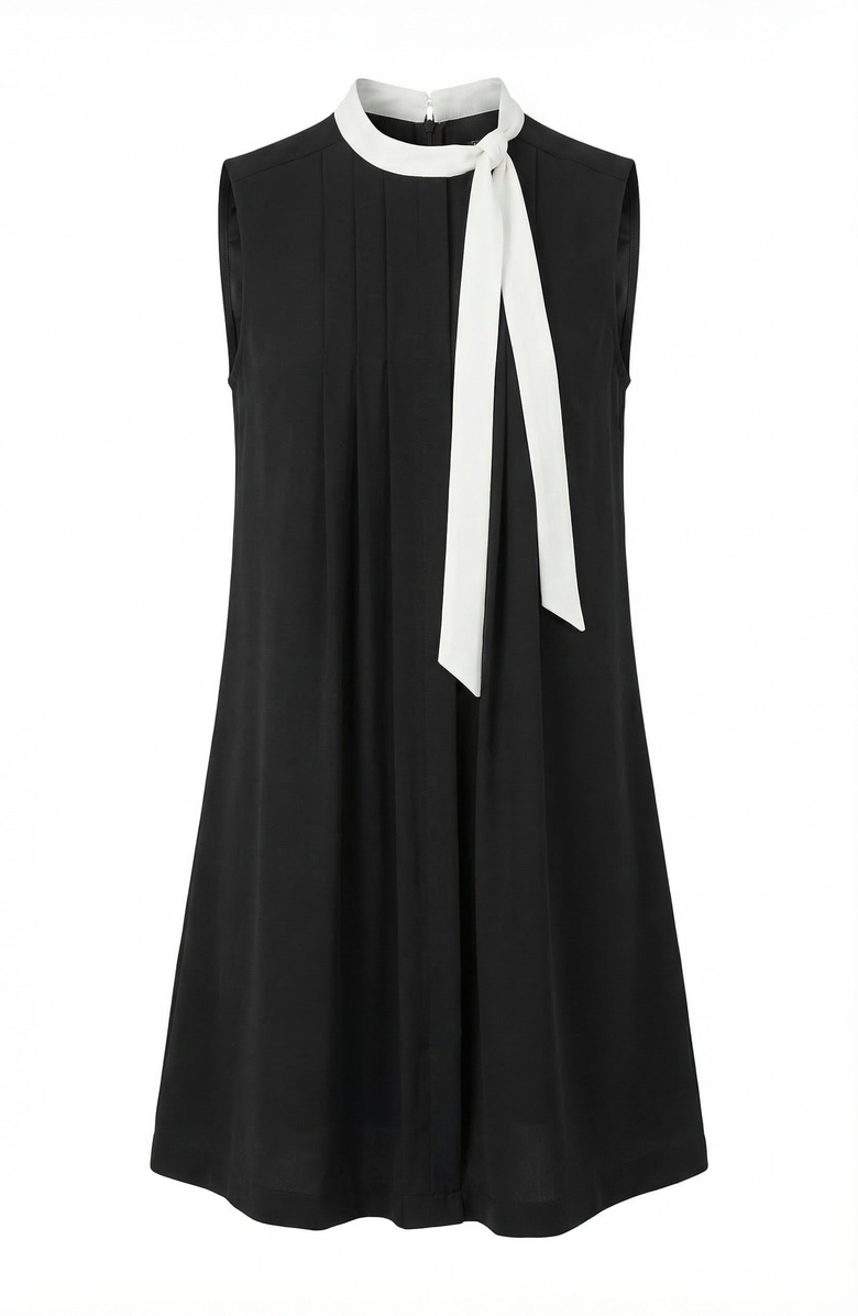 Modenaire Sleeveless Shift Dress with Contrast Tie Neck and Pleat Detail, Alternate, color, Black / White
