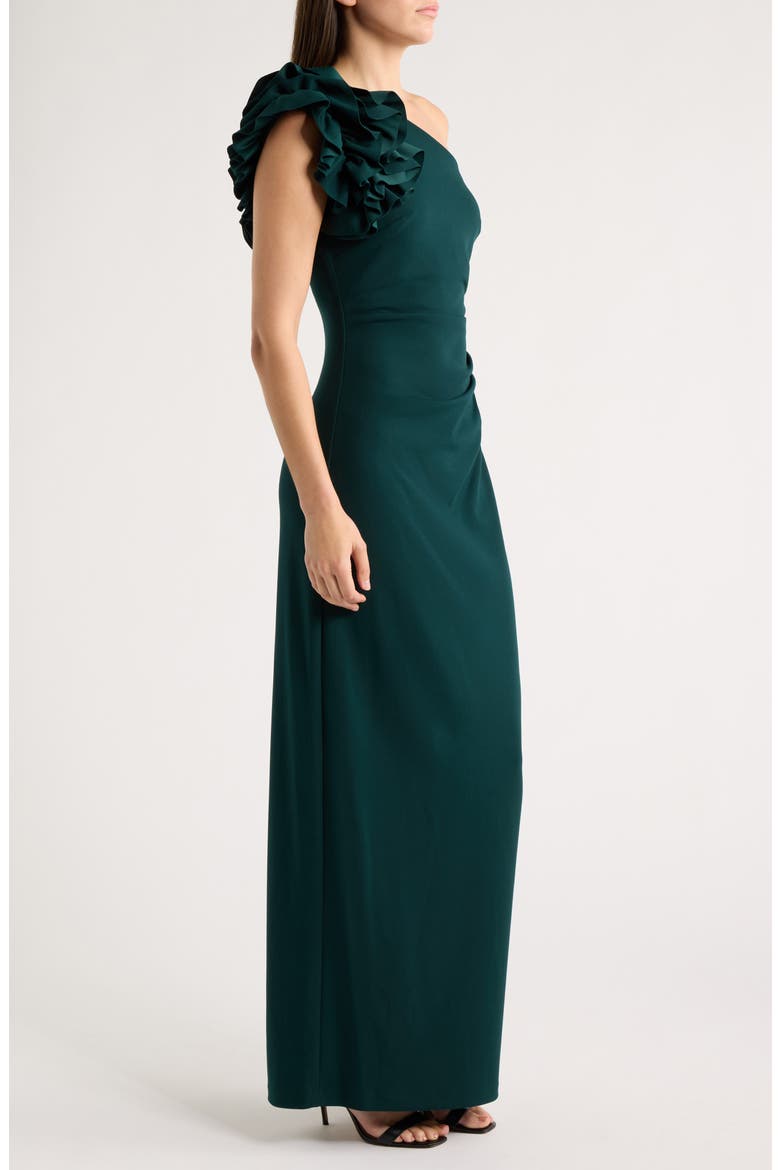 One-Shoulder Ruffle Scuba Crepe Dress, Alternate, color, PINE