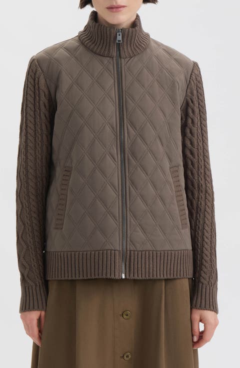 Cable Knit Sleeve Quilted Bomber Jacket