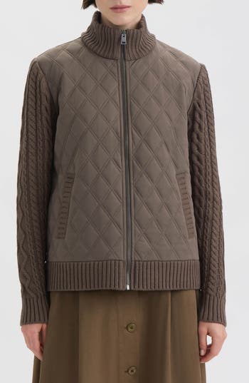 Hunter Cable Knit Sleeve Quilted Bomber Jacket In Brown
