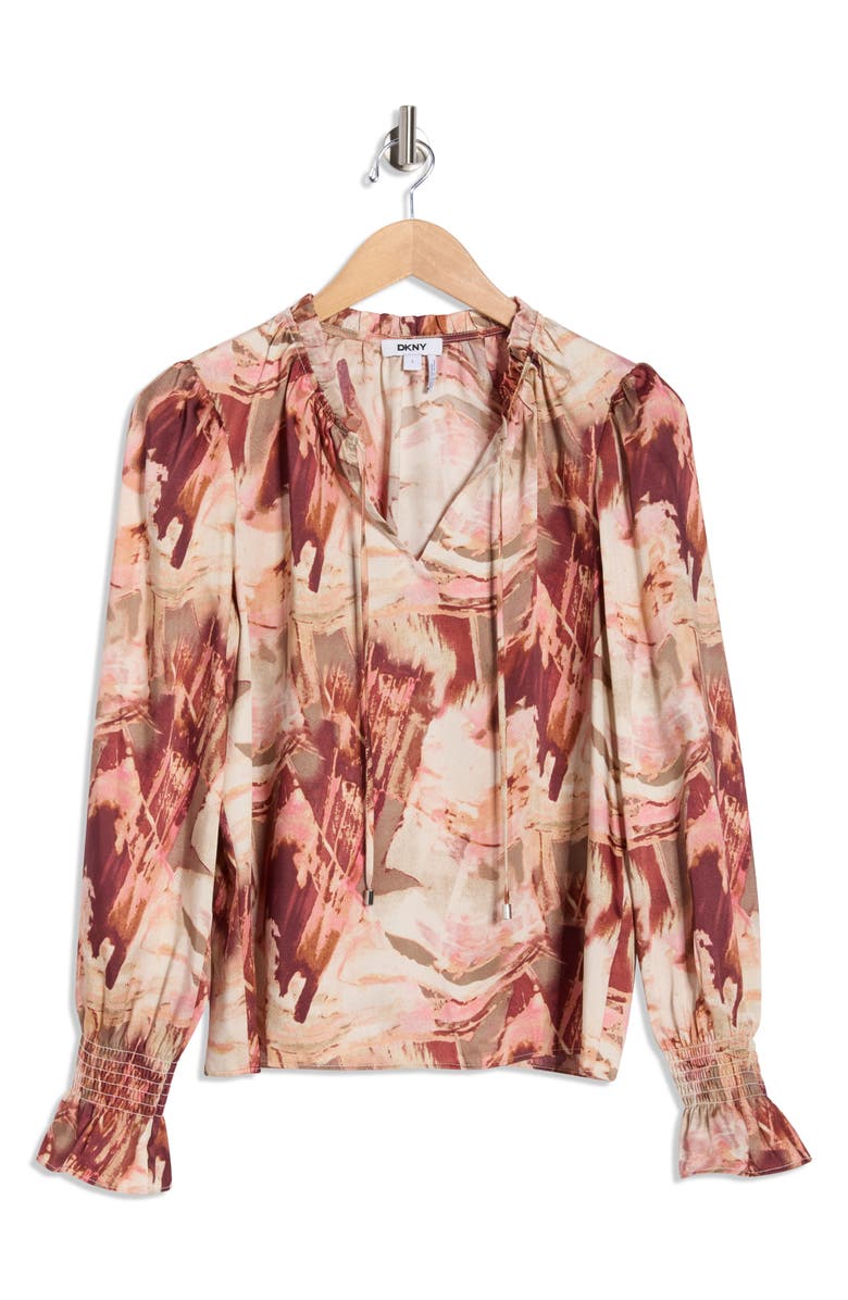 DKNY Printed Long Sleeve Top, Main, color, Travertine/ City Clay Multi