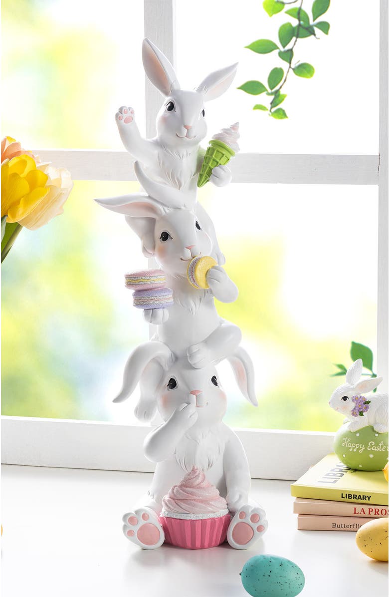 Glitzhome Easter Resin Stacked Bunny with Macaron Table Decor, Alternate, color, White