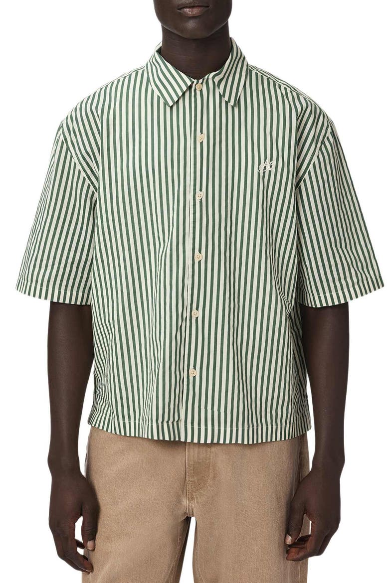 Chopin Oversize Stripe Short Sleeve Cotton Button-Up Shirt, Main, color, GREEN/ WHITE