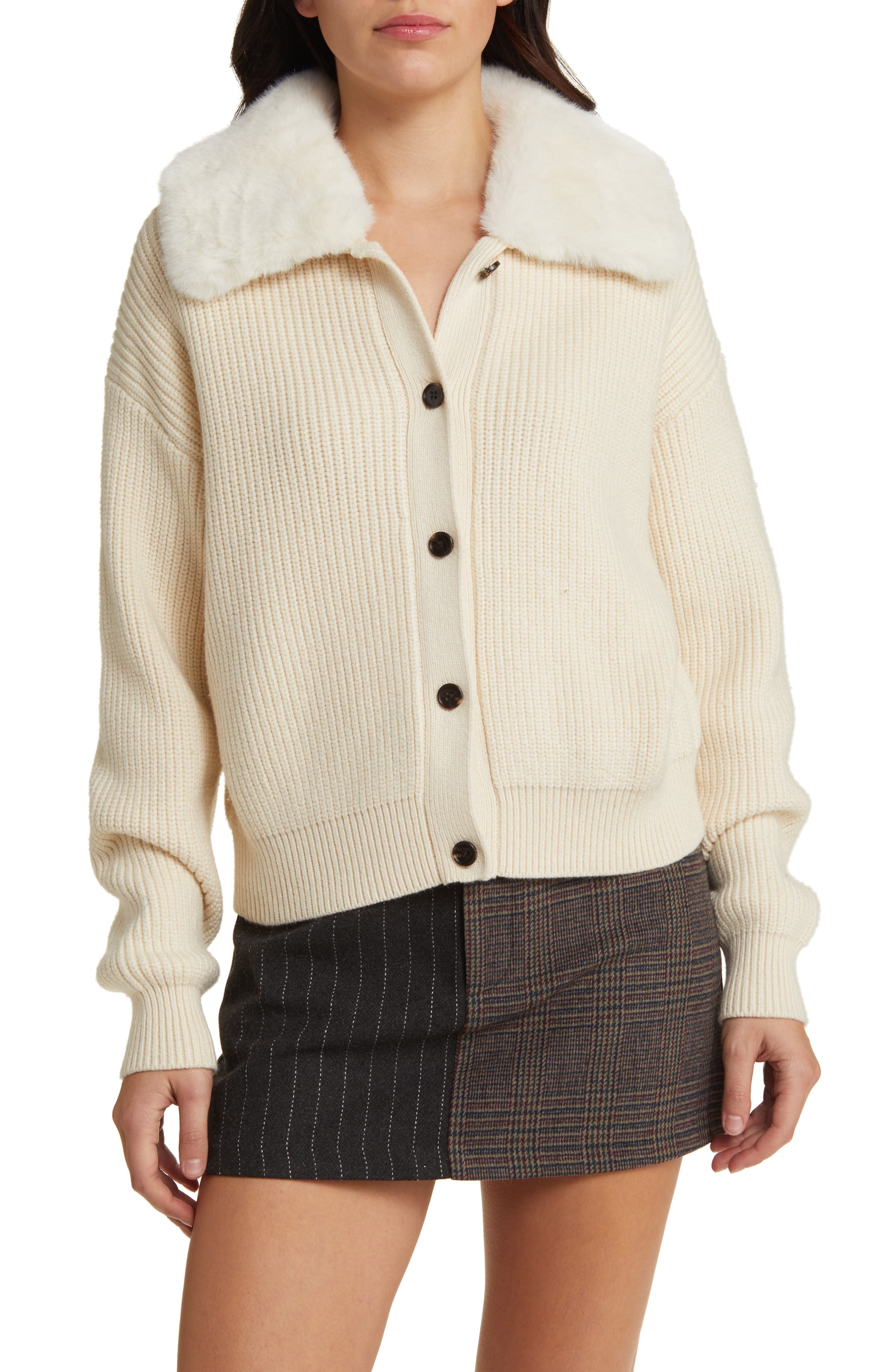Rails Esme Faux Fur Collar Rib Cardigan