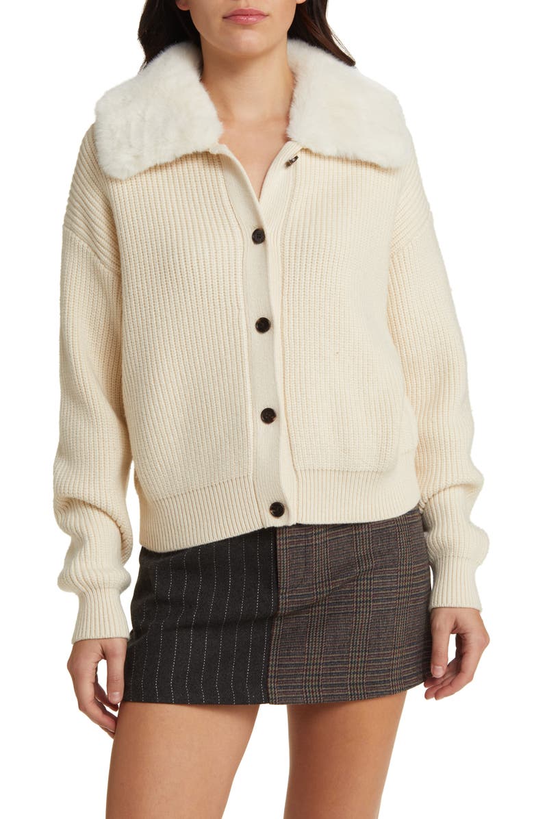 Rails Esme Faux Fur Collar Rib Cardigan, Main, color, Ivory