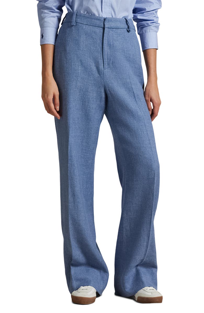 Polo Ralph Lauren High Waist Wide Leg Linen & Cotton Twill Pants, Main, color, Blue
