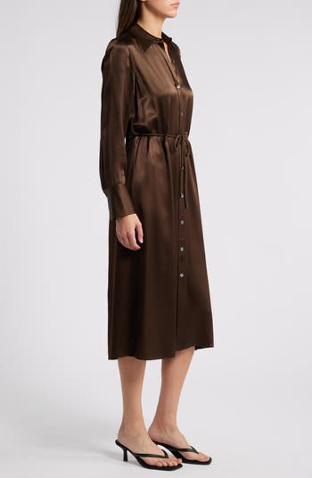 Anina Tie Waist Long Sleeve Satin Midi Shirtdress