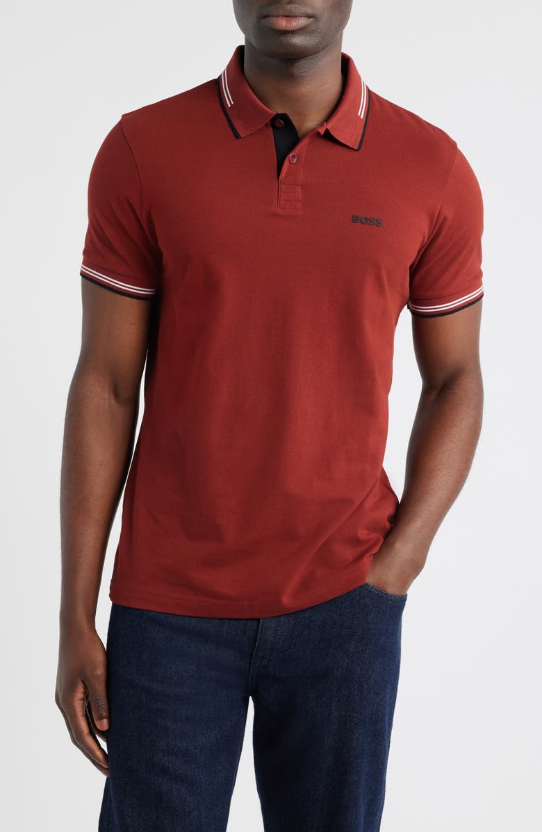 BOSS Paul Tipped Stretch Cotton Polo, Main, color, Dark Pink