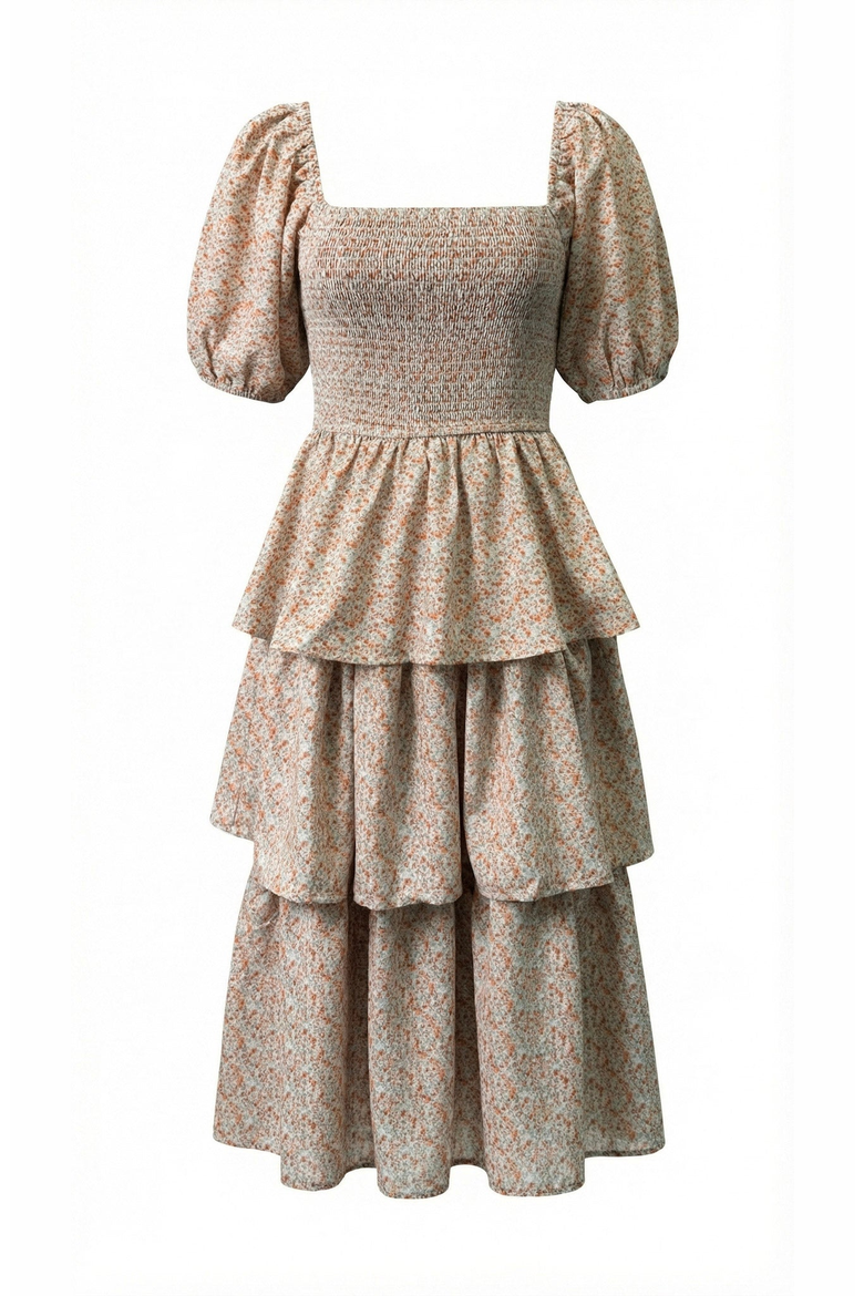 Smocked Tiered Puff Sleeve Maxi Dress, Alternate, color, Beige / Terracotta