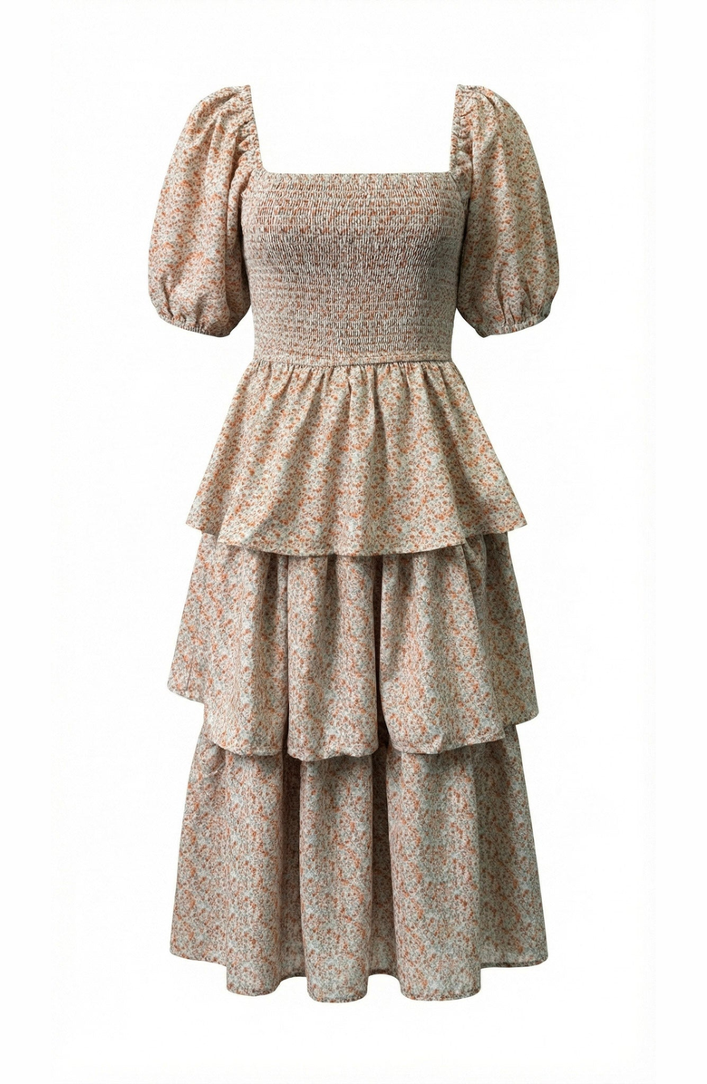 Modenaire Smocked Tiered Puff Sleeve Maxi Dress, Alternate, color, Beige / Terracotta