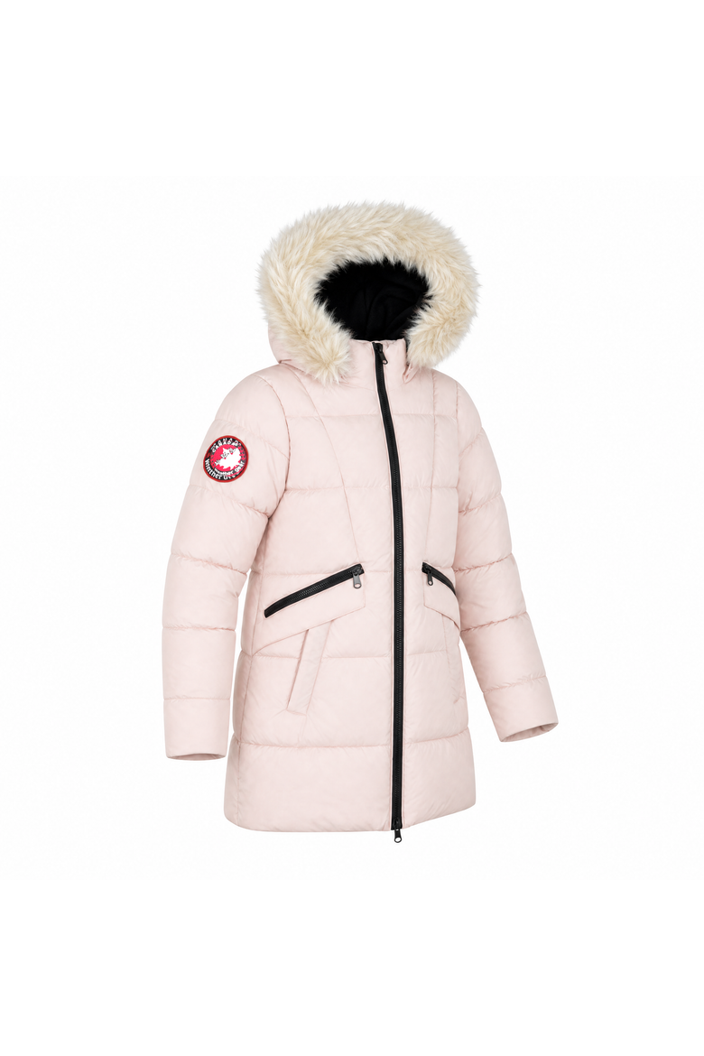 Girls' Faux Fur Hood Long Puffer Parka, Alternate, color, Blush