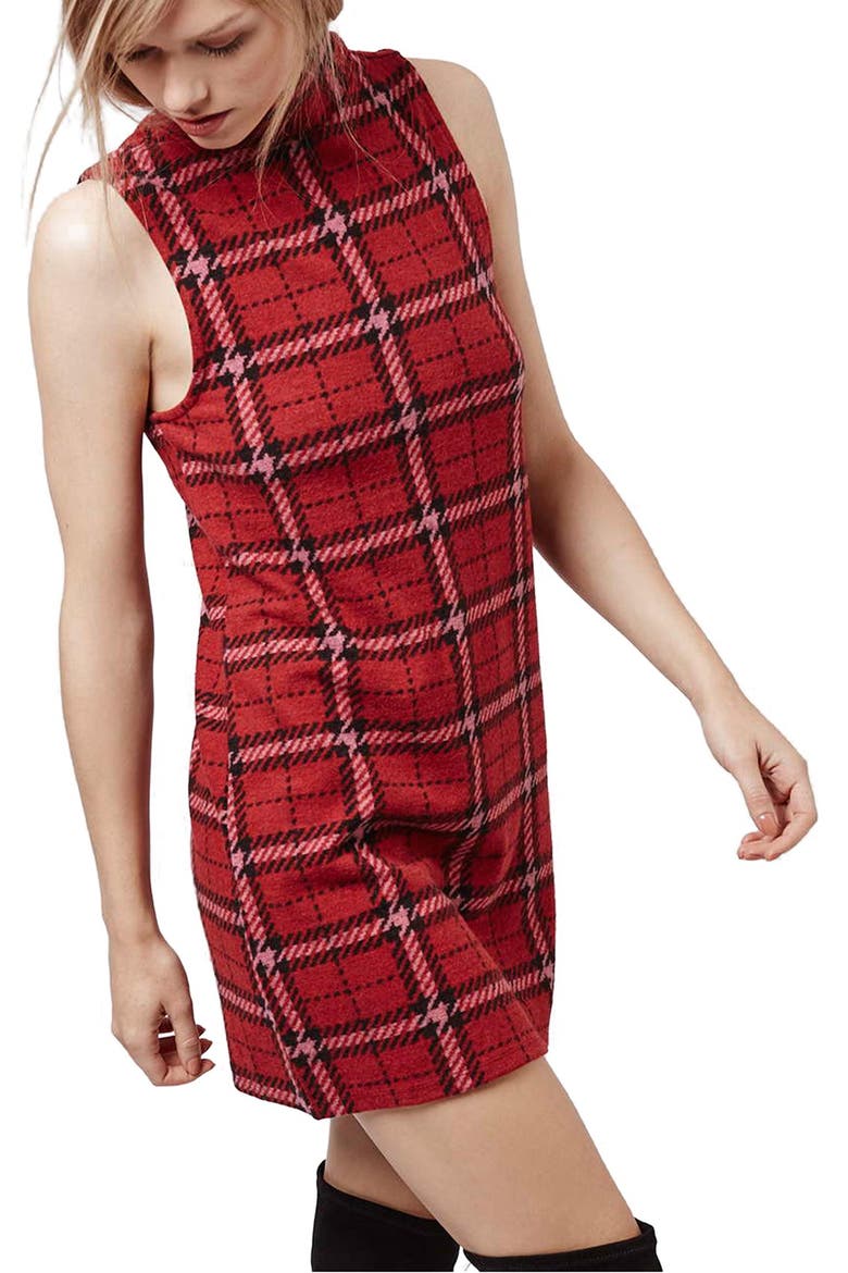 Plaid Funnel Neck Tunic Dress, Main, color, RED MULTI