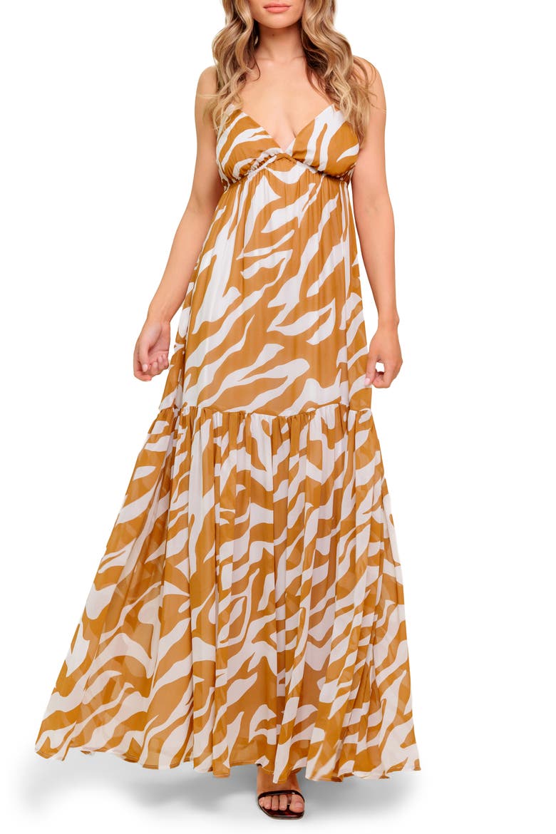Zebra Print V-Neck Maxi Dress, Main, color, ALMOND