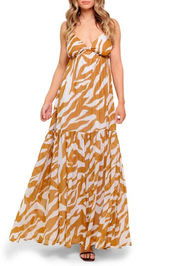 Flying Tomato Zebra Print V-neck Maxi Dress In Brown