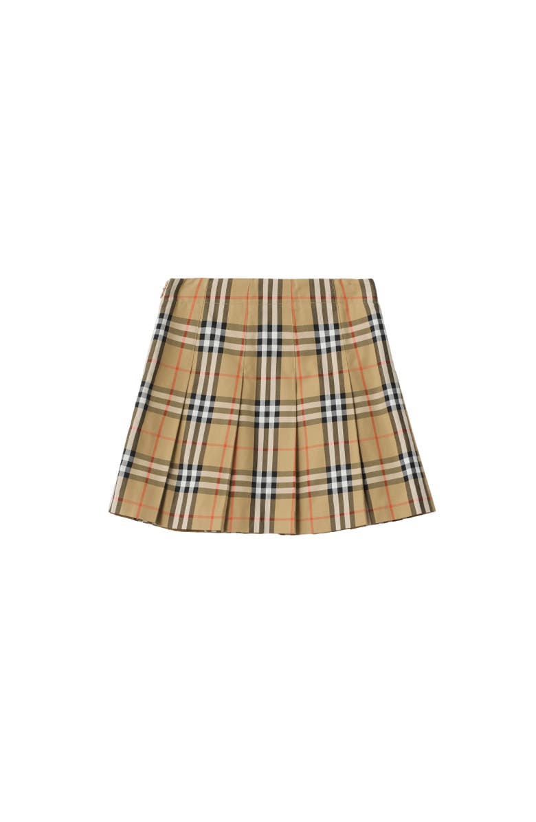 Burberry Pleated Check Cotton Twill Skirt, Alternate, color, Sand Beige