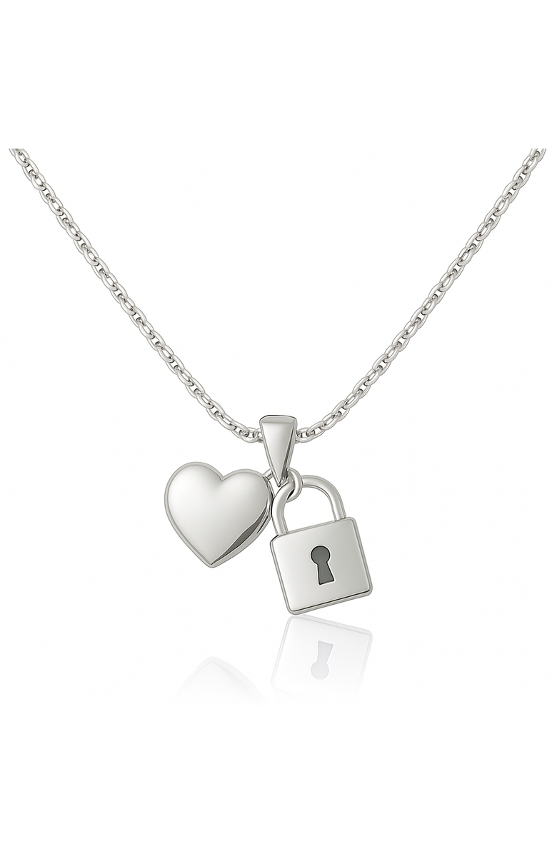 Donatello Gian Heart and Lock Pendant Necklace, Main, color, Silver