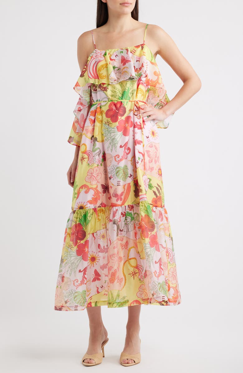 CIEBON Ellera Floral Print Midi Dress, Main, color, Tangerine Multi