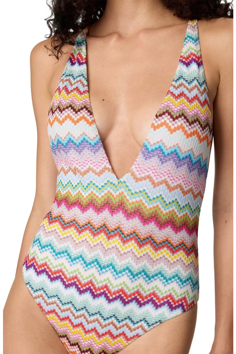One-piece Swimsuit In Lamé Viscose With Pixel-effect Zigzag Pattern And V-neckline, Alternate, color, Multicoloured