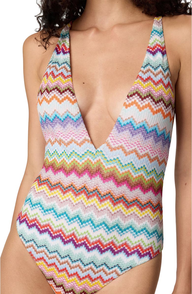Missoni One-piece Swimsuit In Lamé Viscose With Pixel-effect Zigzag Pattern And V-neckline, Alternate, color, Multicoloured
