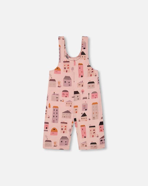 Deux Par Deux Girl's Printed French Terry Overalls Pink And Coral Houses In Pink And Coral Houses