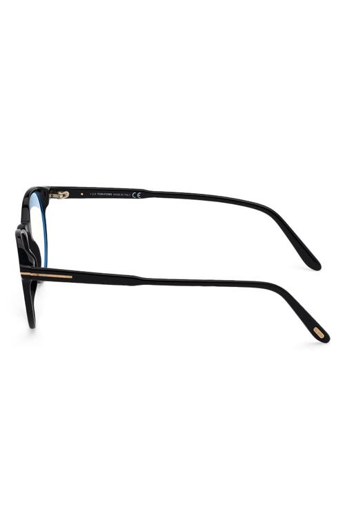 Tom Ford 49mm Round Blue Light Blocking Glasses In Shiny Black/blue Block
