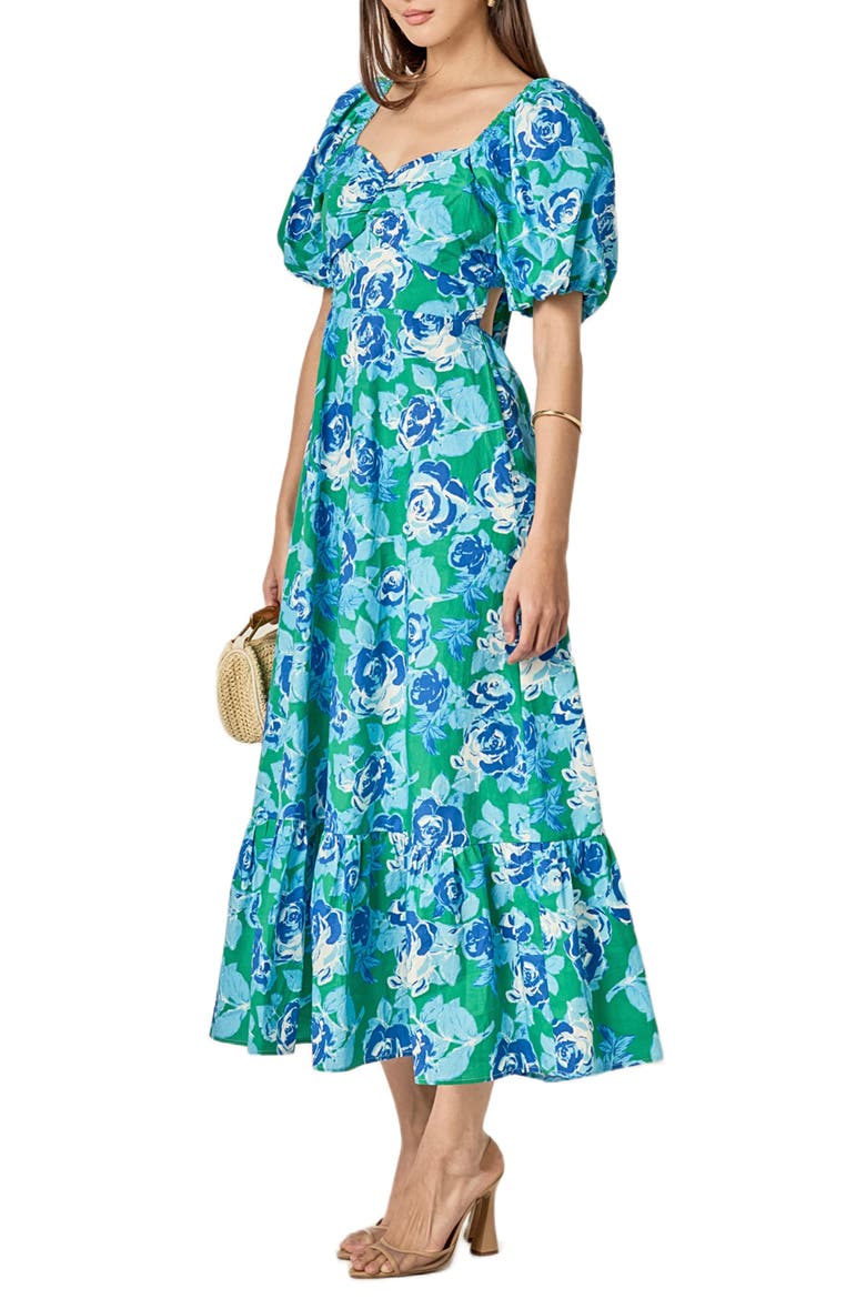 Floral Back Cutout Cotton Dress, Alternate, color, BLUE / GREEN FLORAL