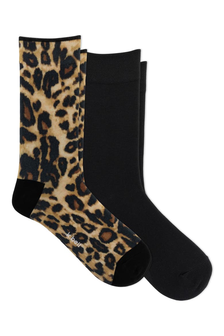 Leopard Print 2-Pack Crew Socks, Main, color, BLACK
