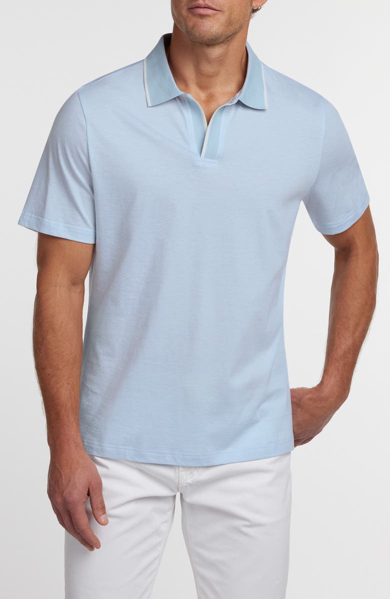 David Donahue Tipped Johnny Collar Cotton & Silk Polo, Main, color, Sky