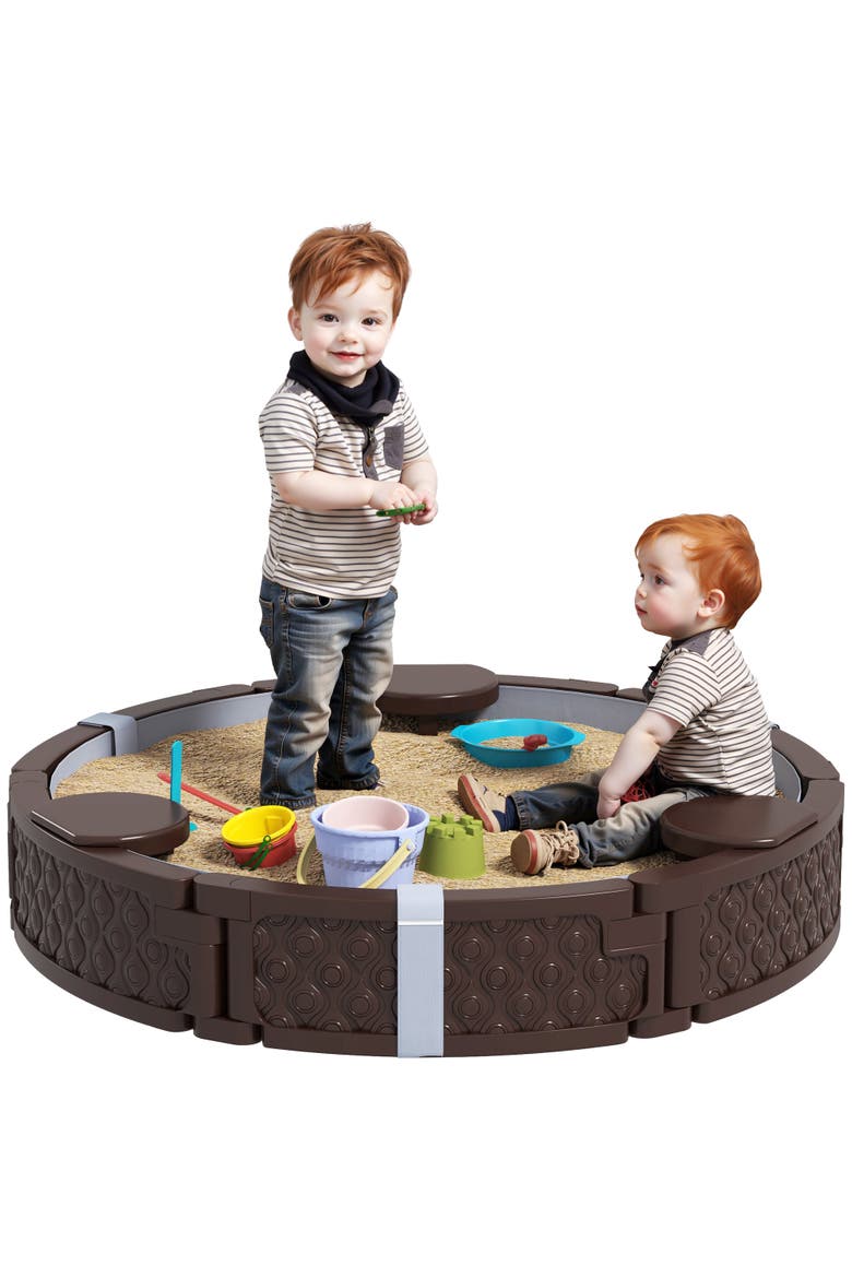 Kids Sandbox with Cover, Built-in Seating & Bottom Liner, Main, color, Brown