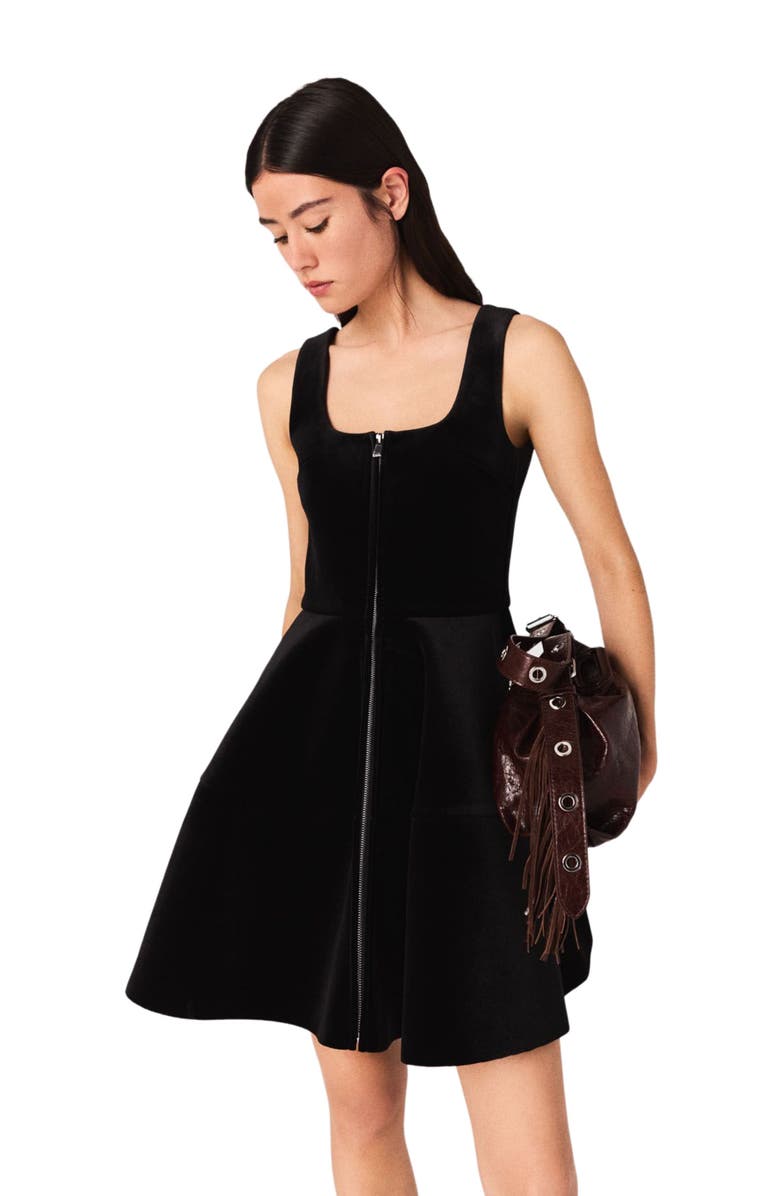 maje Mini velvet skater dress, Alternate, color, Black