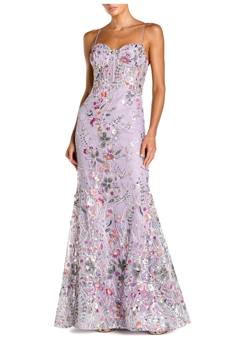 Mac Duggal Spaghetti Strap Multicolor Floral Embroidered Trumpet Gown, Main, color, Lilac Multi