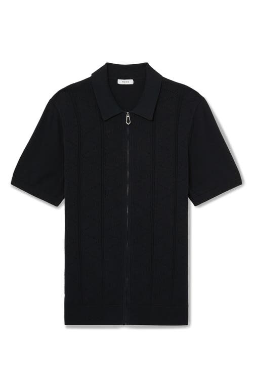Reiss Tay Pointelle Knit Short Sleeve Zip-up Shirt In Black