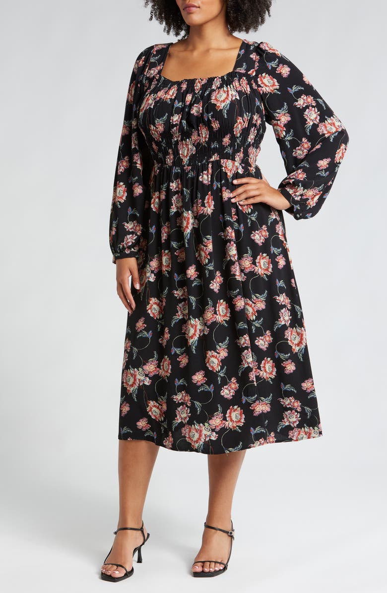 Treasure & Bond Smocked Bodice Long Sleeve Dress, Main, color, Black Wander Floral