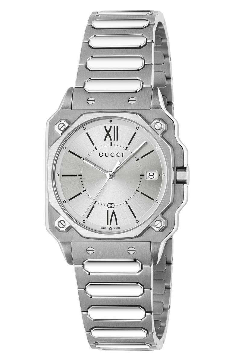 Gucci G-Flat Medium Bracelet Watch, 30mm, Main, color, Silver