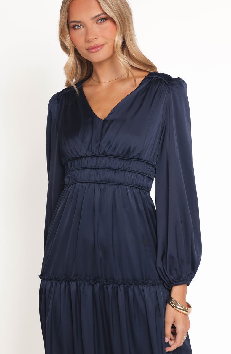 Petal & Pup Rowen Long Sleeve Satin Midi Dress, Alternate, color, Navy