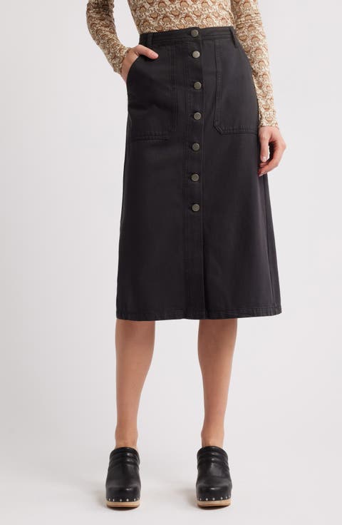Button-Up Twill Midi Skirt
