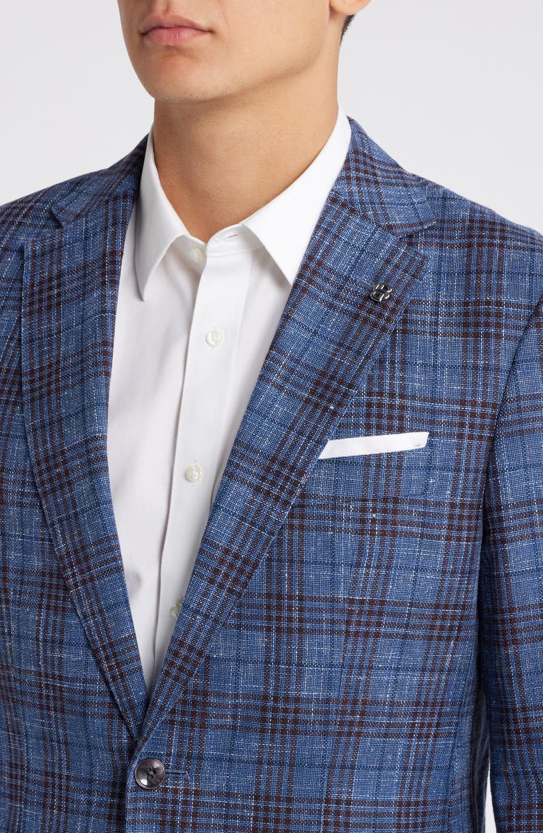 BOSS Hutson Plaid Virgin Wool, Cotton & Linen Blend Sport Coat, Alternate, color, Dk Bu