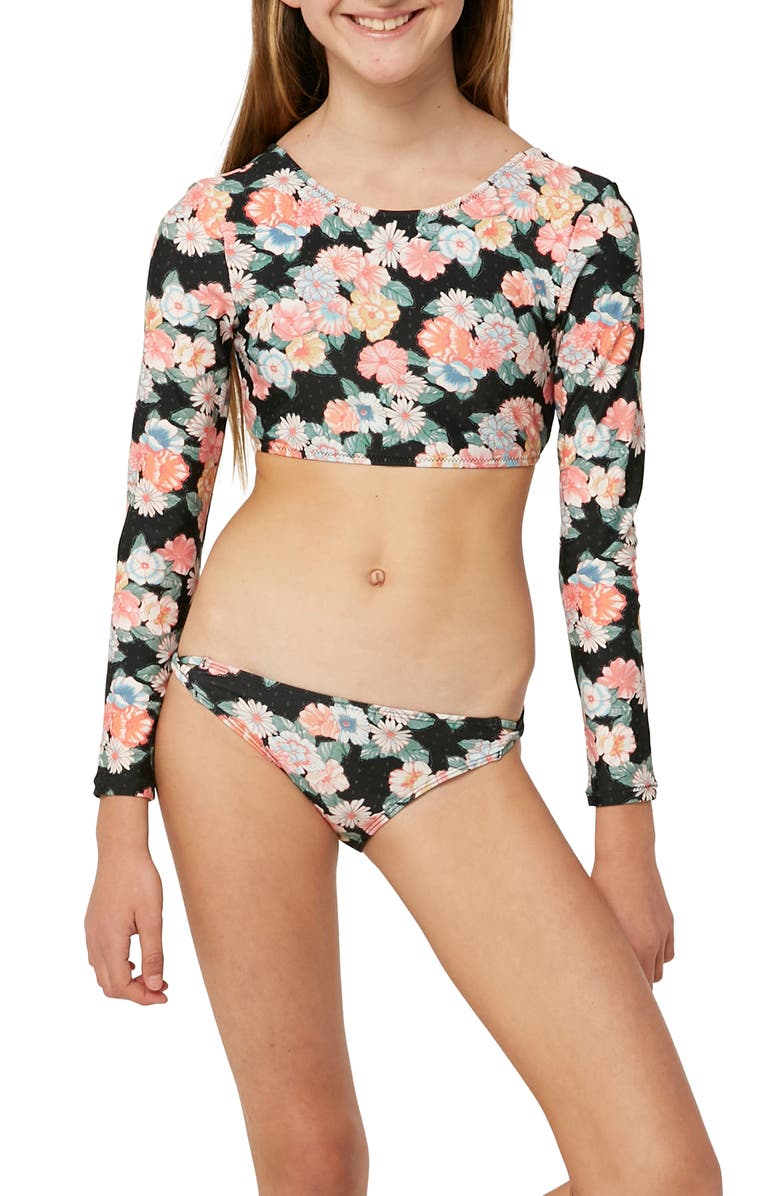 O
Neill Kids
 Emilie Floral Long Sleeve Crop Swim Top, Alternate, color, Black