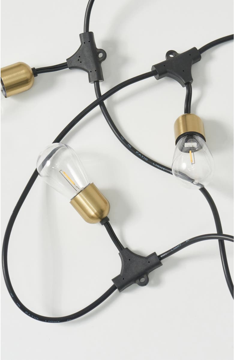 Brightech 48 ft, 15 light Solar Powered Heavy Duty LED Outdoor String Lights, Gold Accent Brass Socket, Weatherproof Bulbs, Main, color, 28 Ft 12 Bulbs | Warm White