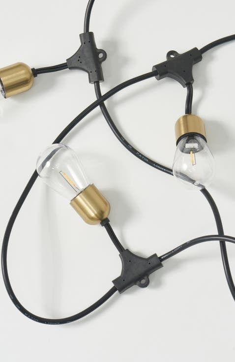 48 ft, 15 light Solar Powered Heavy Duty LED Outdoor String Lights, Gold Accent Brass Socket, Weatherproof Bulbs