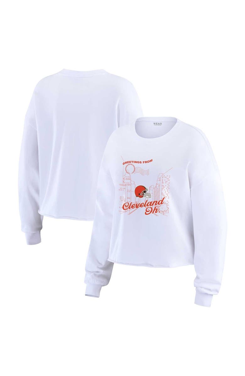 WEAR by Erin Andrews Women's WEAR by Erin Andrews White Cleveland Browns Postcard Cropped Long Sleeve Top, Main, color, White