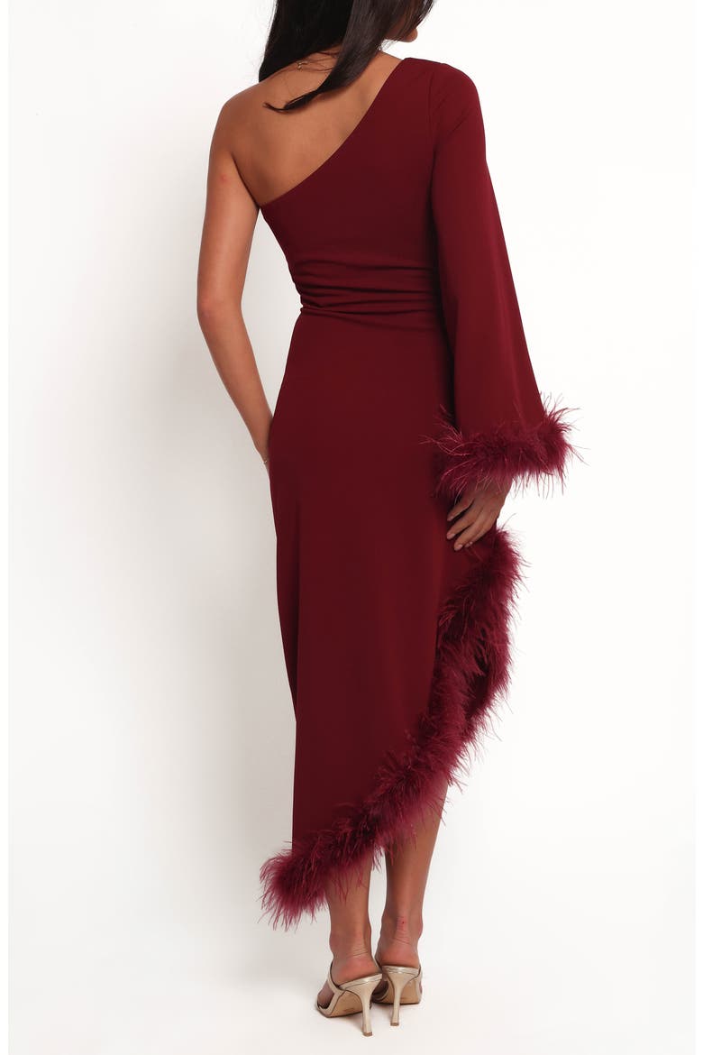 Dame Feather Trim Single Long Sleeve Midi Cocktail Dress, Alternate, color, DEEP WINE