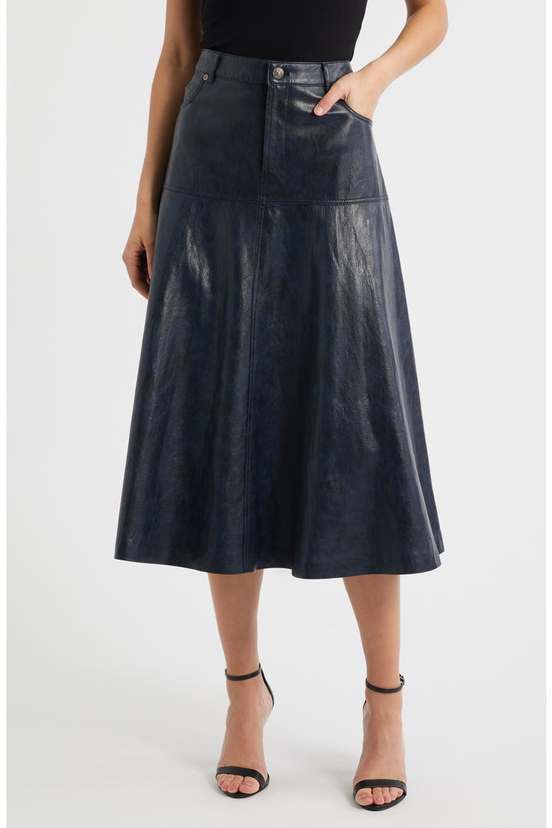 Rhea Faux Leather Midi Skirt, Main, color, NAVY