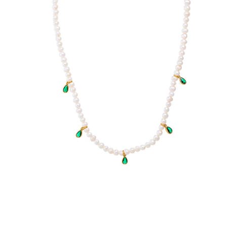 Dangling Colored CZ Bezels Pearl Necklace