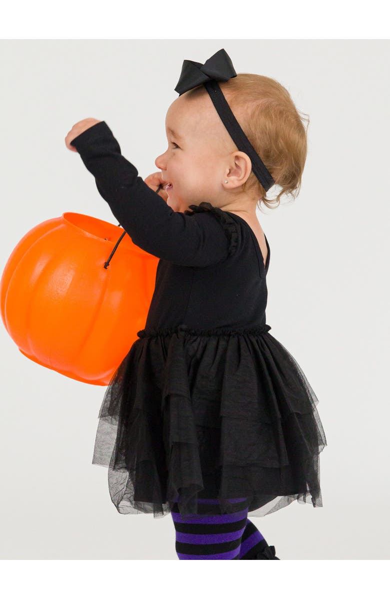 RuffleButts Baby Girls Flutter Tulle Long Sleeve Twirl Romper, Alternate, color, Black