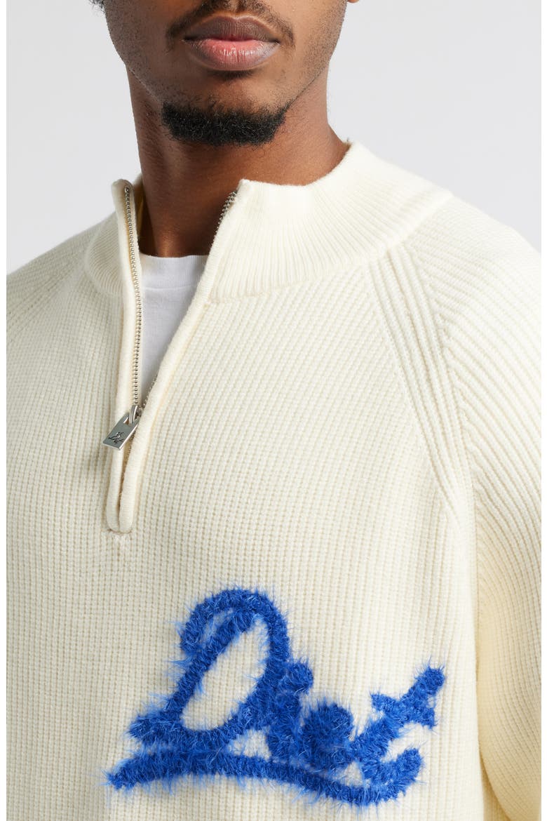 Fuzzy Logo Waffle Knit Quarter Zip Pullover, Alternate, color, CREAM/ BLUE