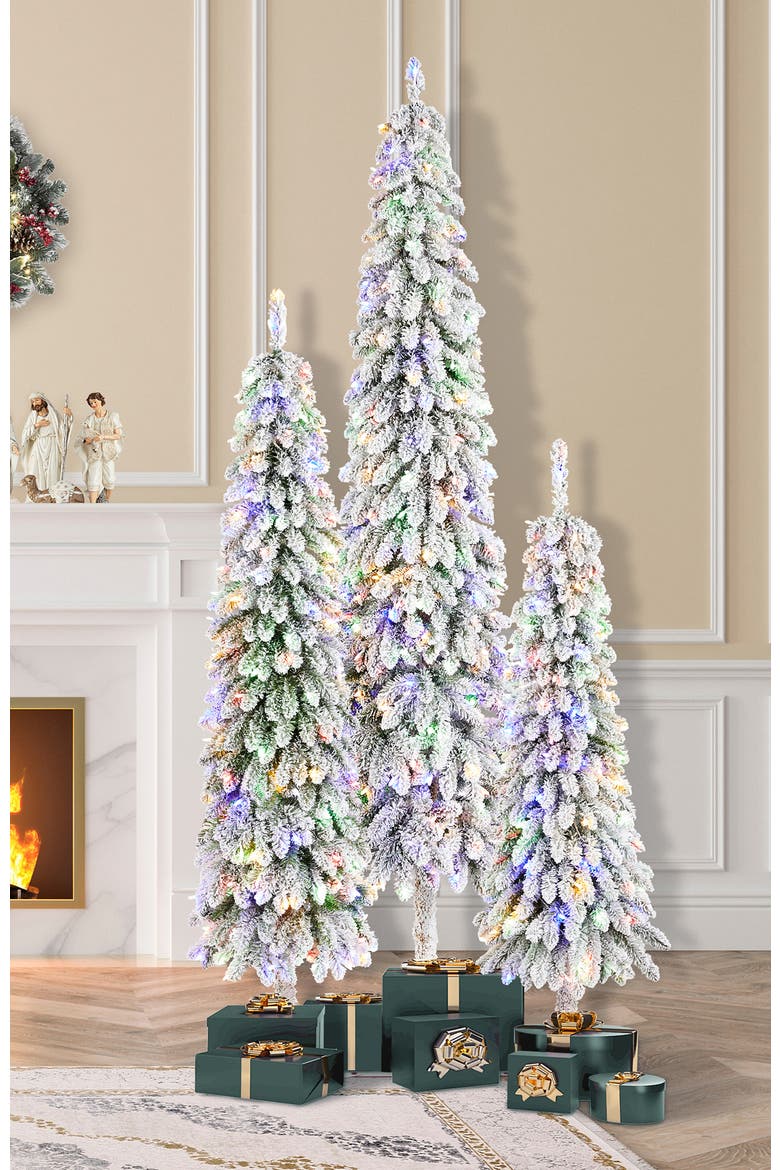 Pre-Lit Flocked Artificial Christmas Tree with Warm White/Multi-color Lights, Alternate, color, Green